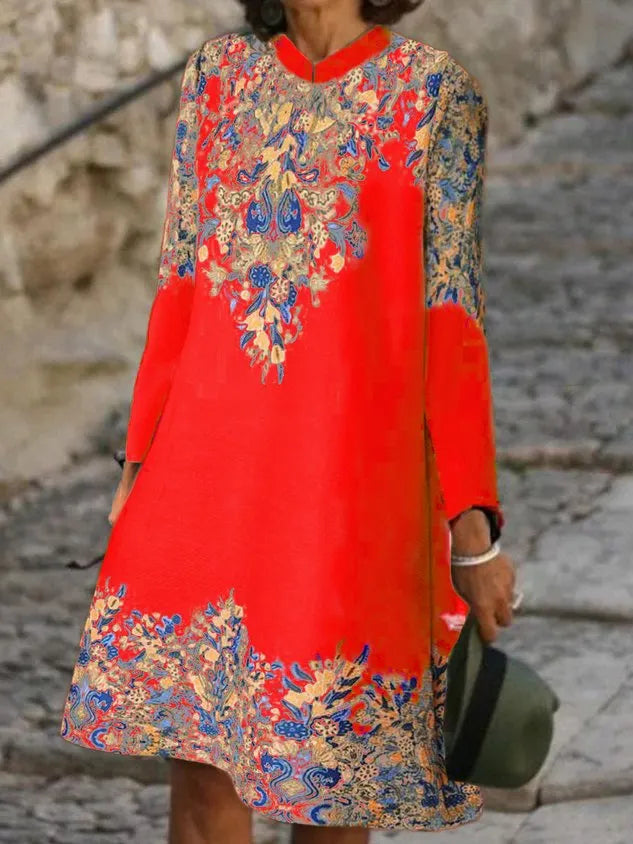 Women Ethnic Turtleneck Long Sleeve Comfy Casual Midi Dress
